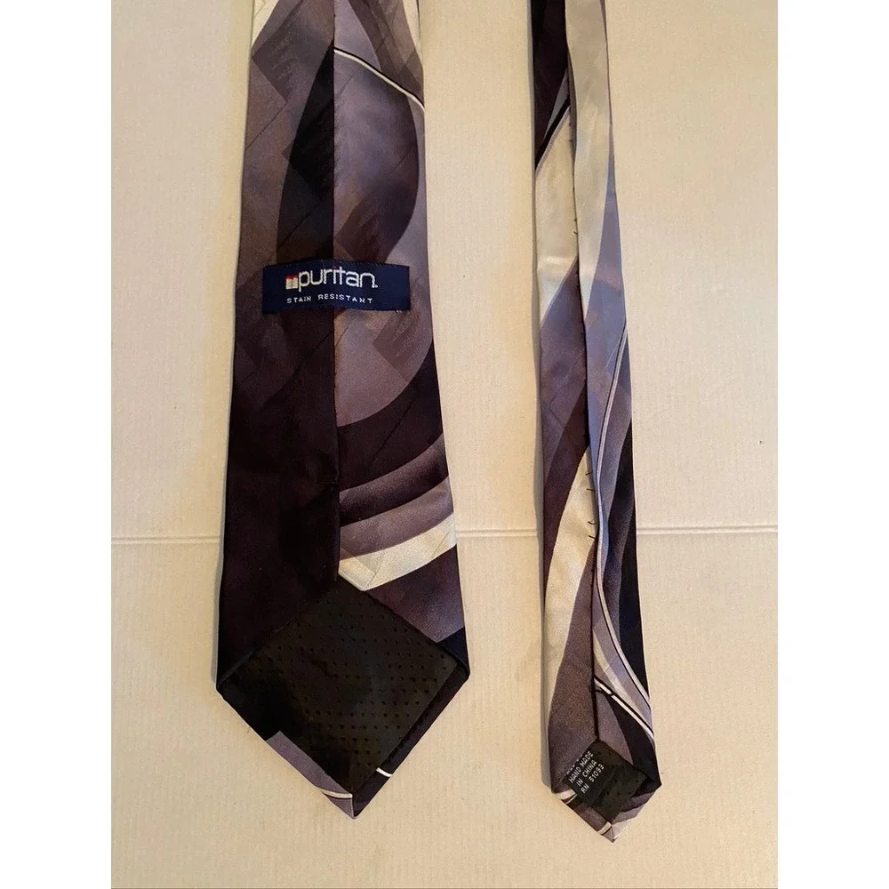 Puritan Mens Silk Tie Purple Grey Black Abstract Swirl Stain Resistant Handmade